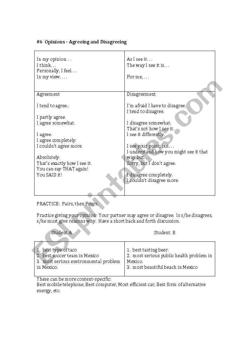 Agree-Disagree Activity worksheet