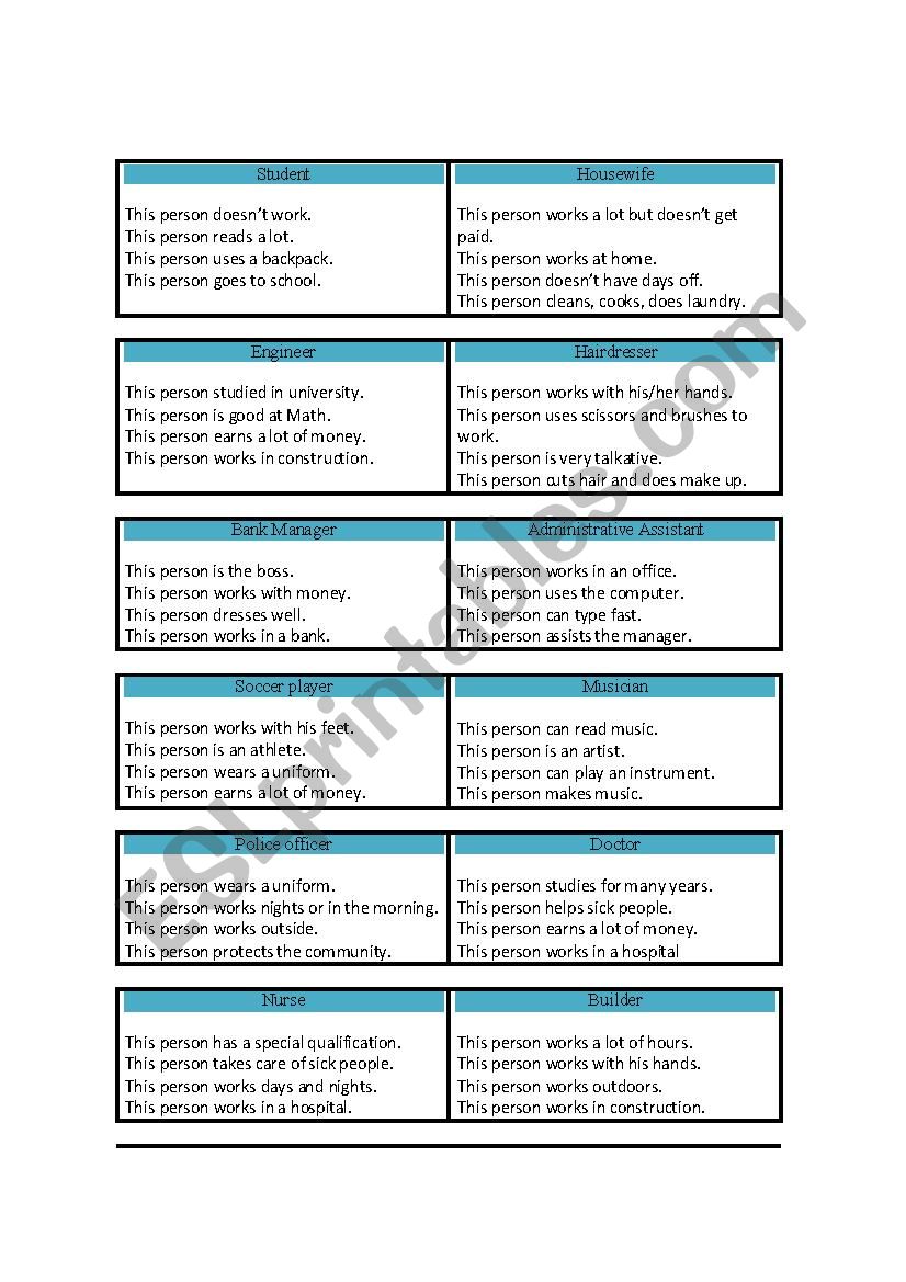 Guess the Job worksheet