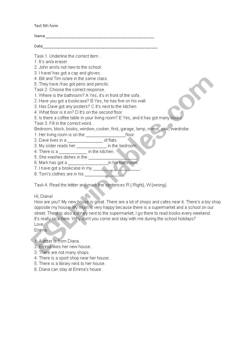 Test 5th form worksheet