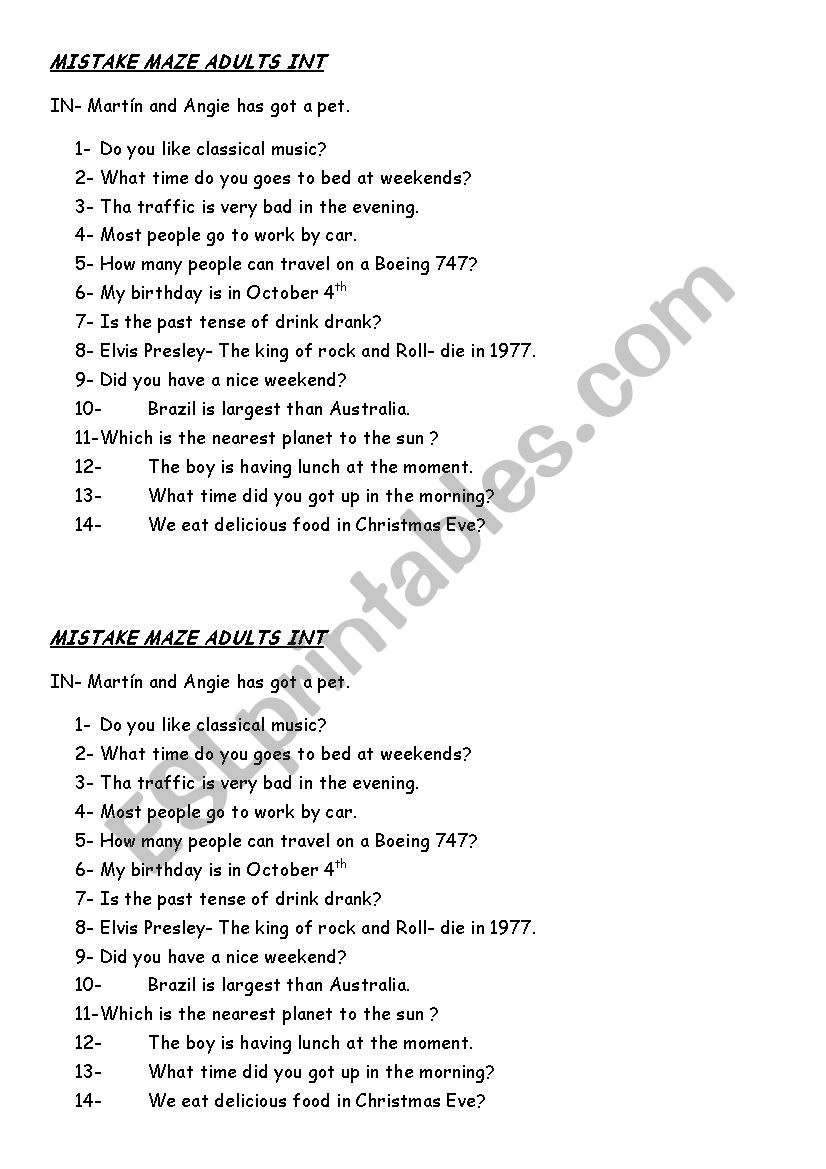 Mistake Maze worksheet