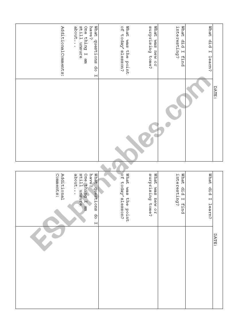 Learning log template worksheet