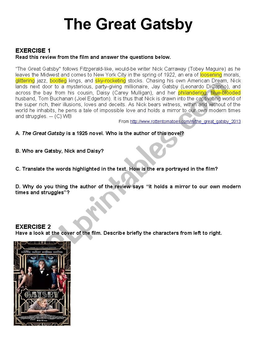 The Great Gatsby. Worksheet  worksheet