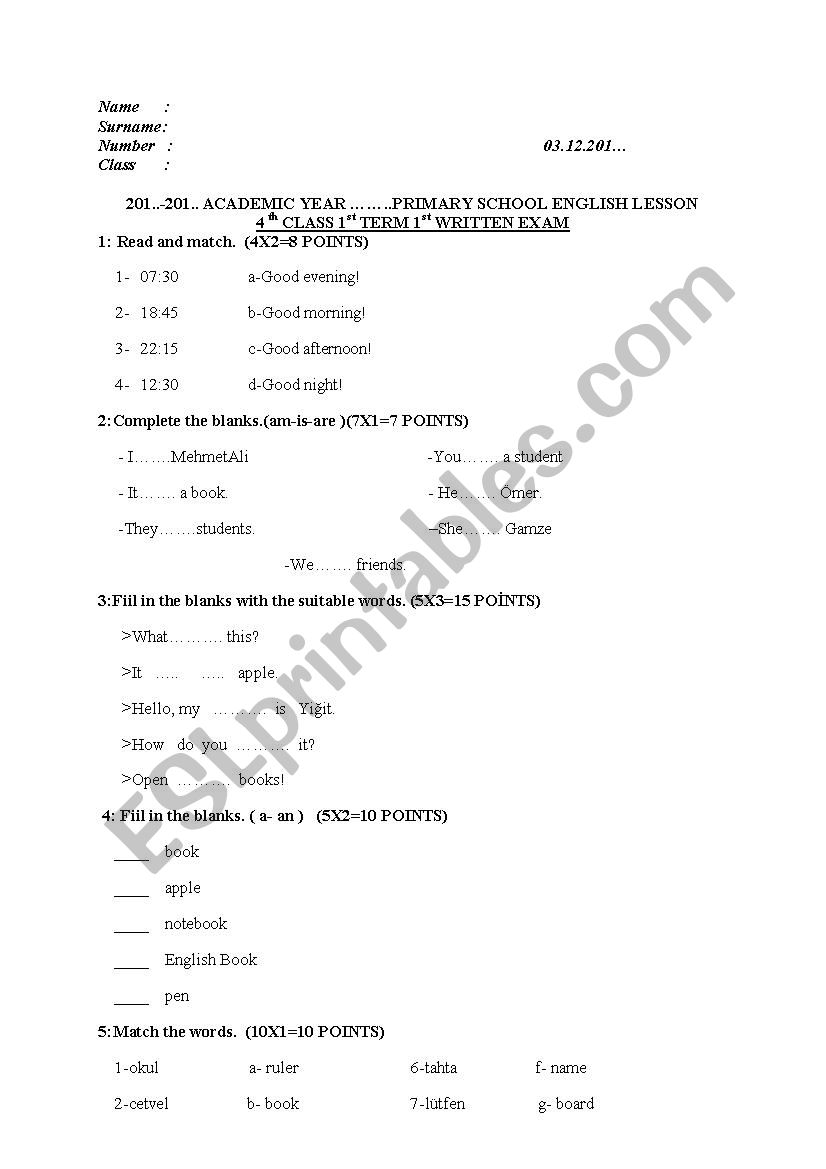 4th  grade 1st term 1st exam  worksheet