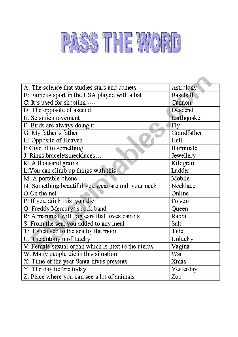 Pass the word worksheet