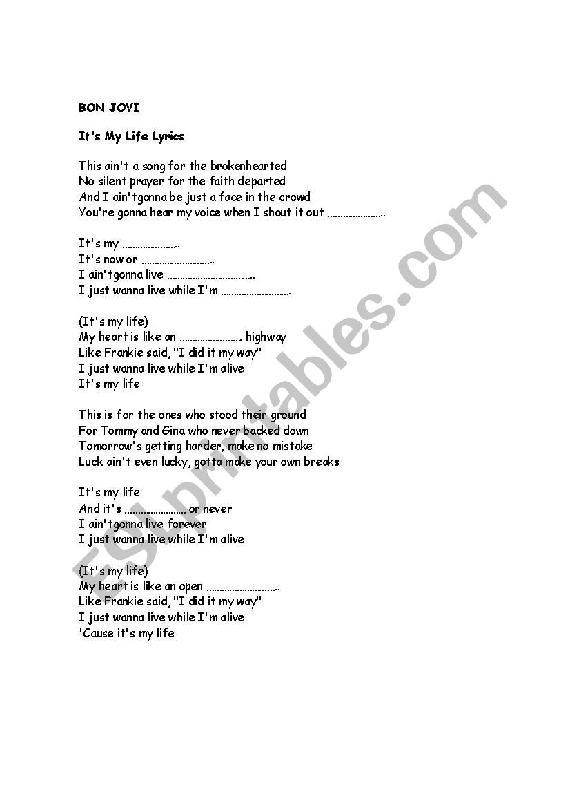 Its my life. Bon Jovi worksheet