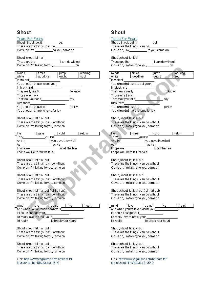 Song: Shout -tears for fears worksheet