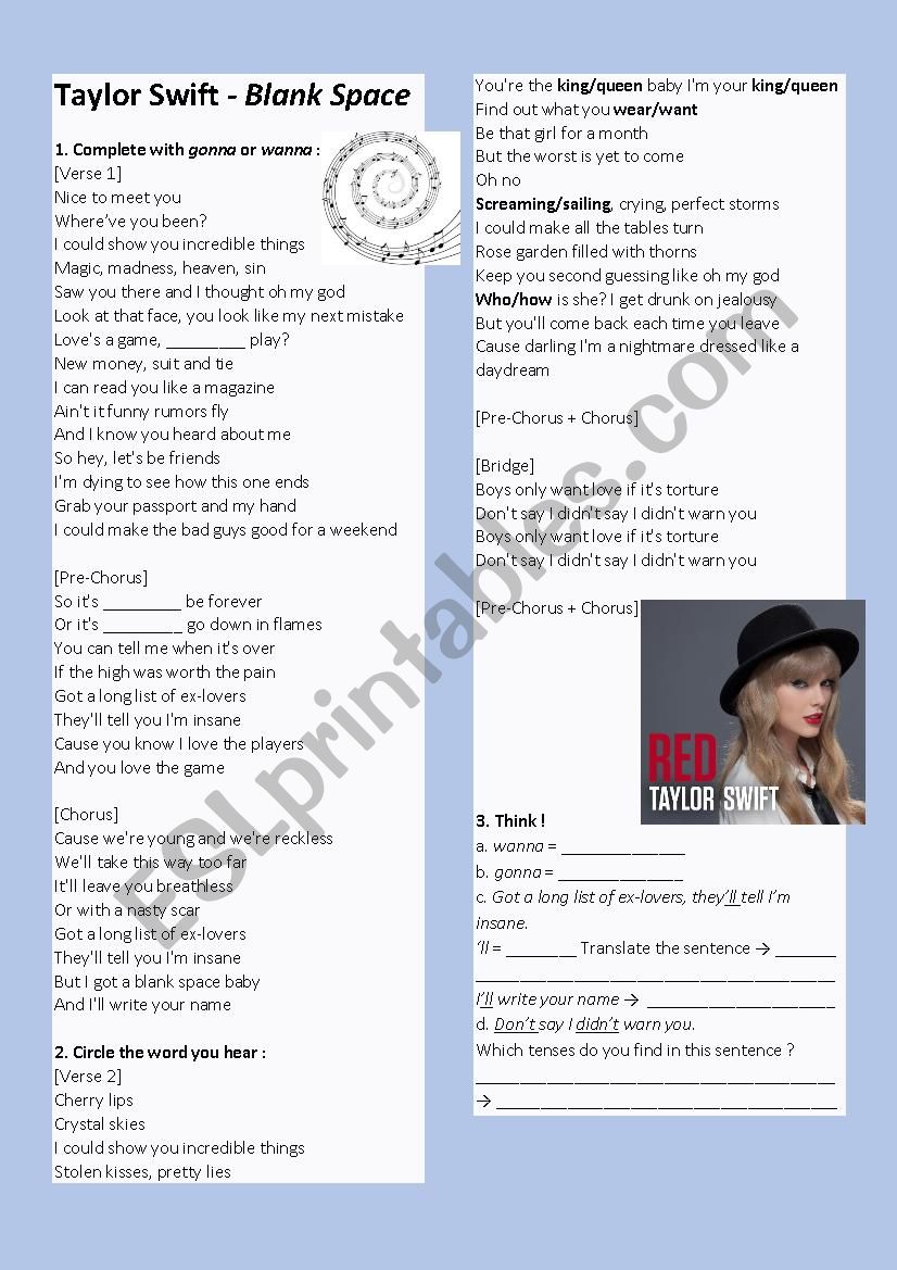 Blank Space - Taylor Swift worksheet