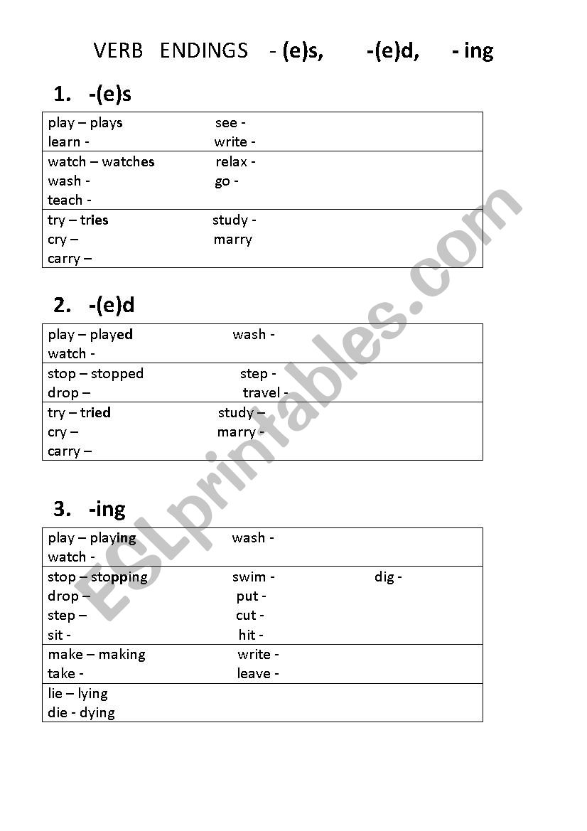 VERB ENDINGS   -(e)s, -(e)d,  -ing