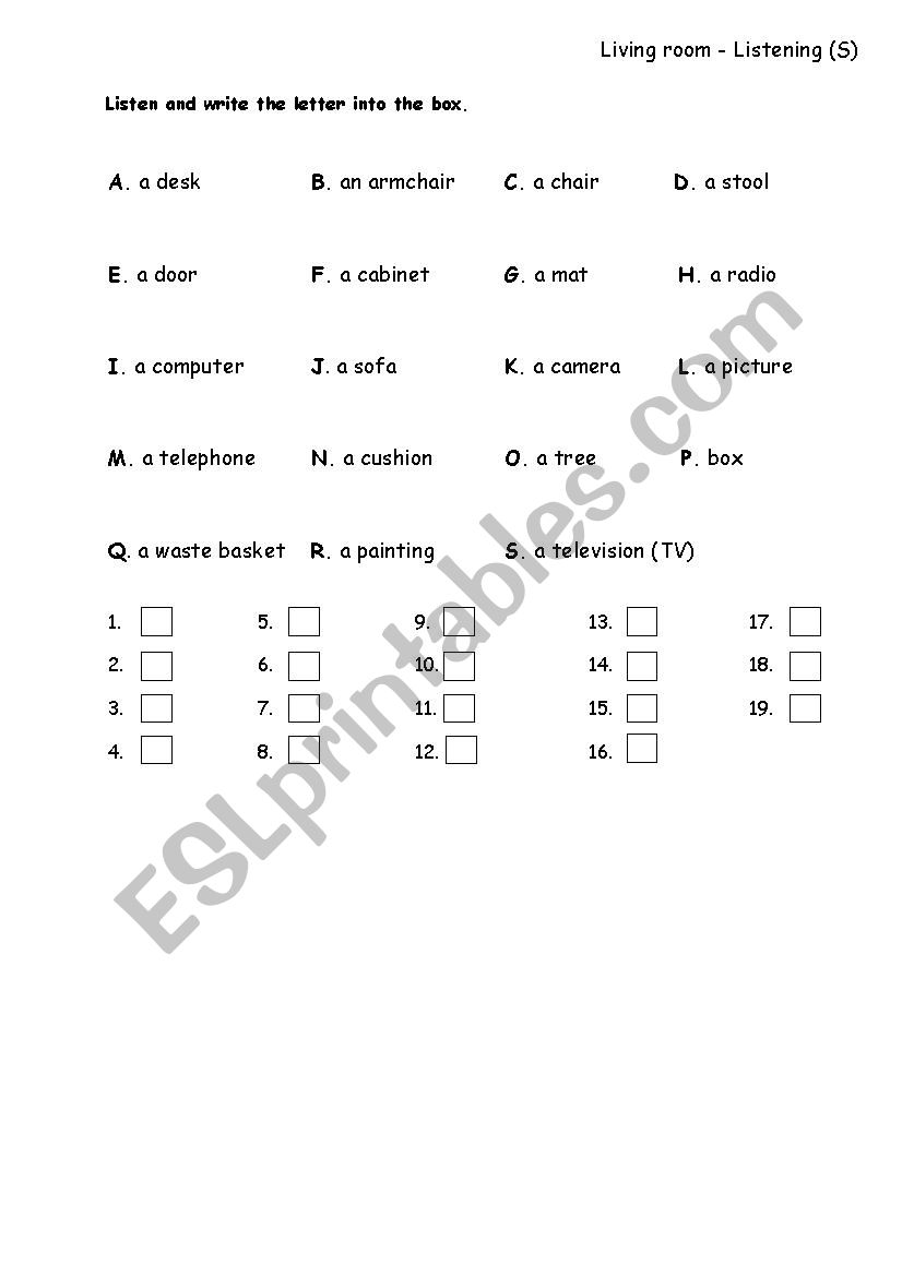 Living room - Listening worksheet