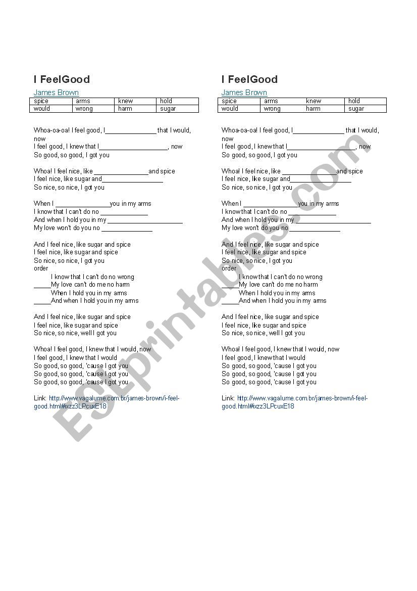 Song: I feel good worksheet