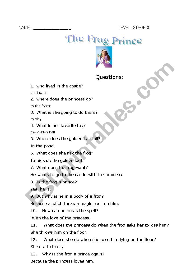 The frog prince worksheet