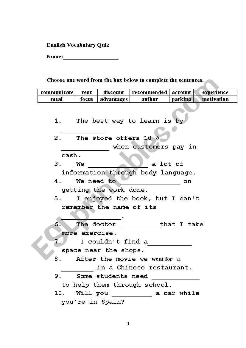 a vocabulary quiz worksheet