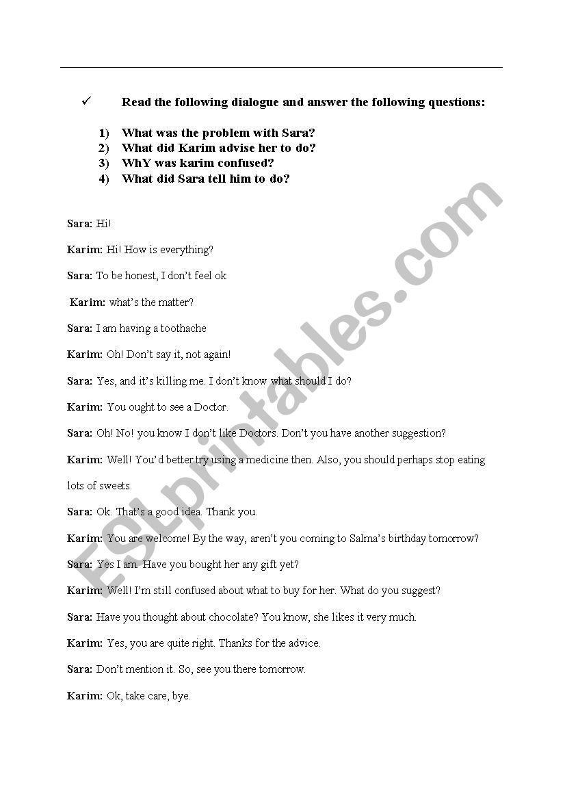 advice dialogue worksheet