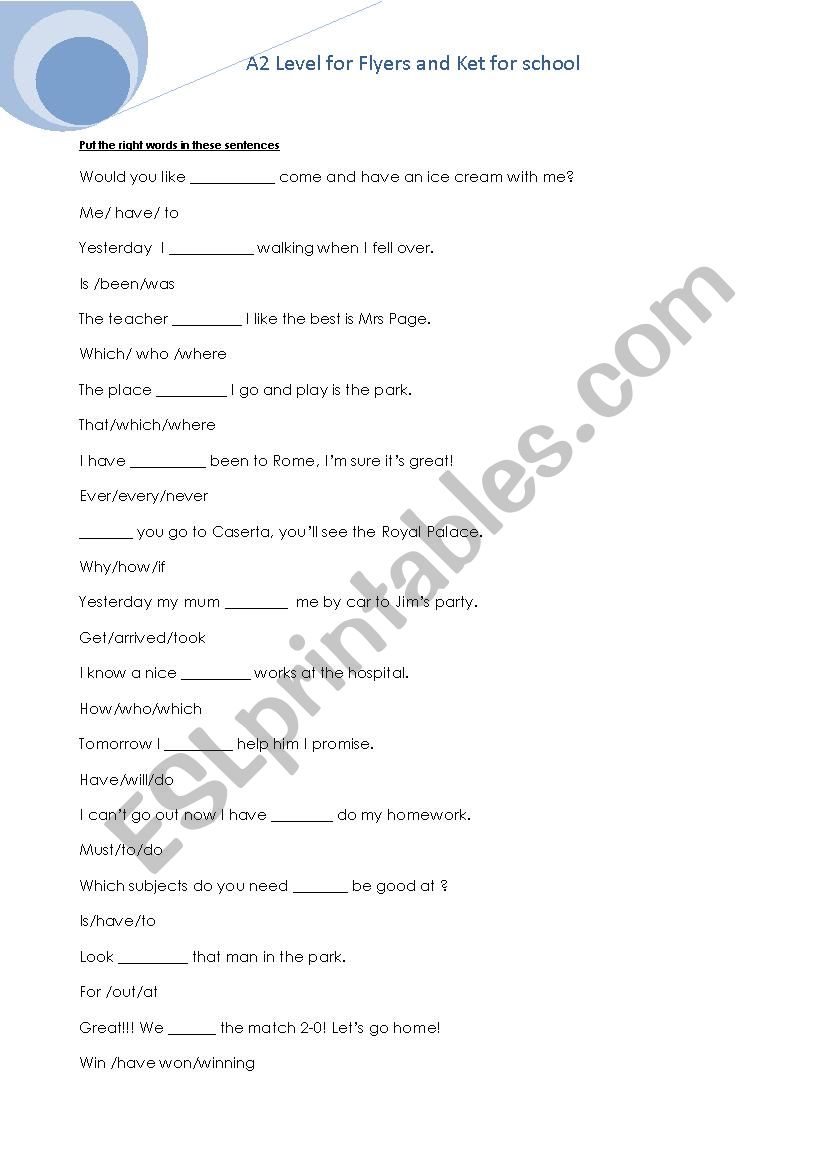 A2 Ket Flyers style worksheet