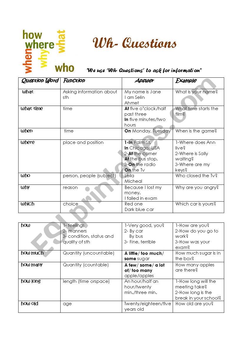 Wh- Questions Worksheet worksheet