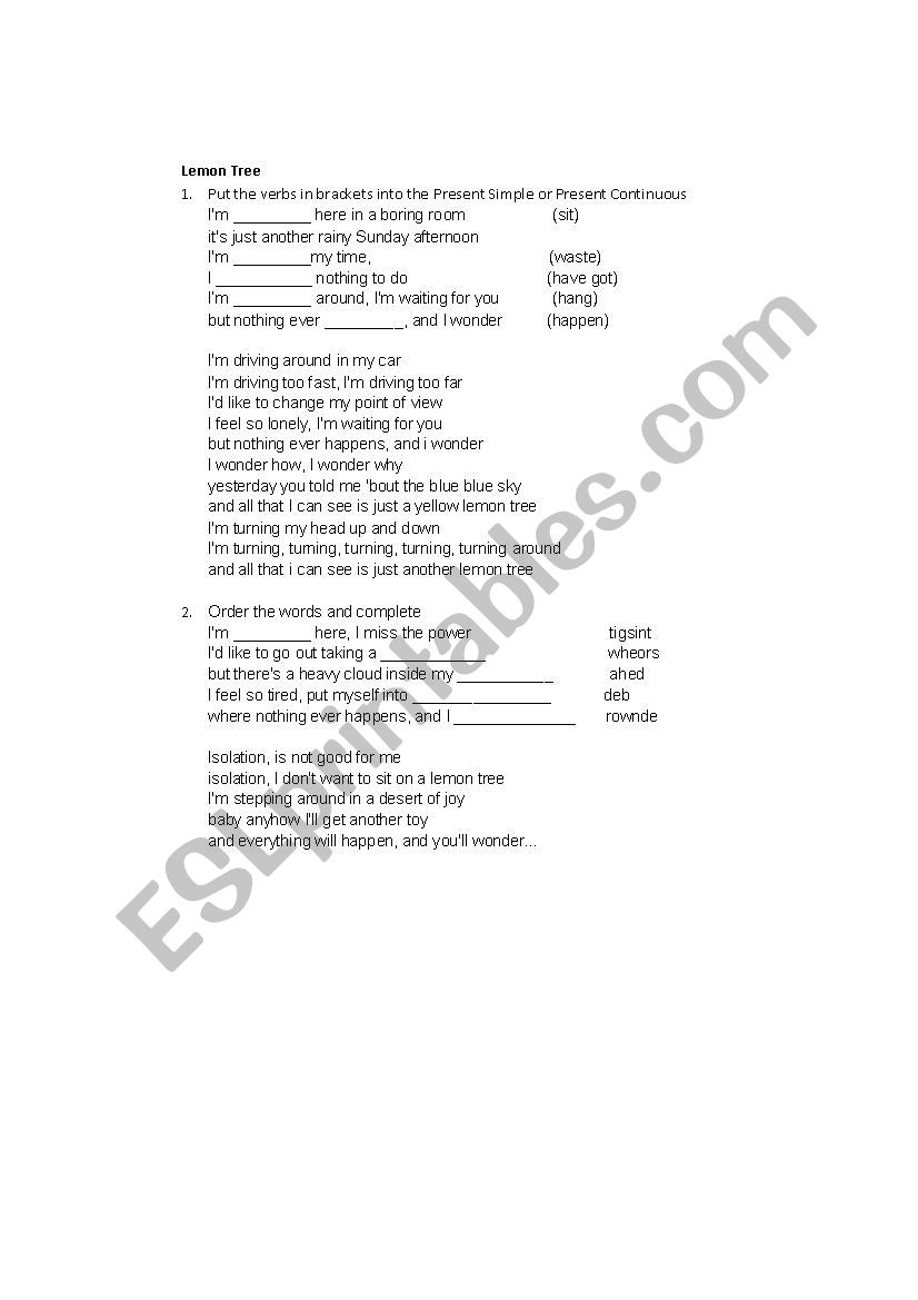 Lemon tree song worksheet