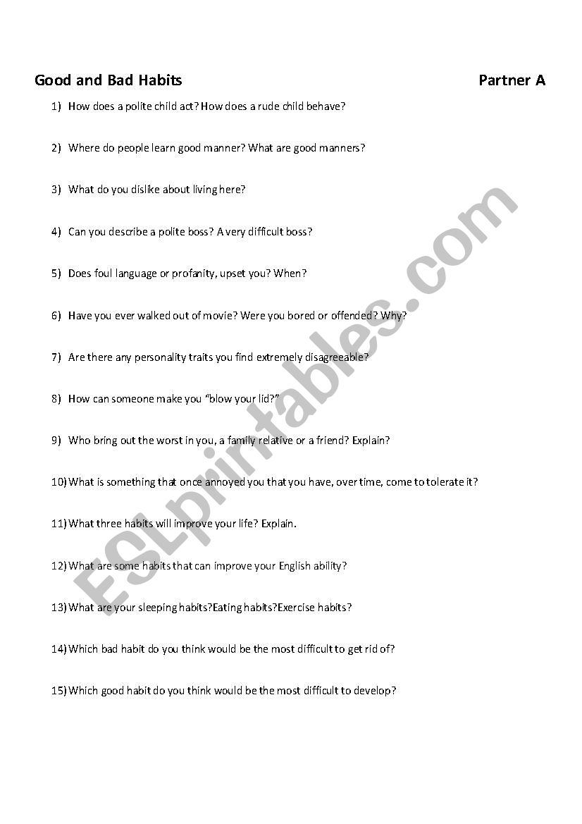 Good and Bad Habits worksheet