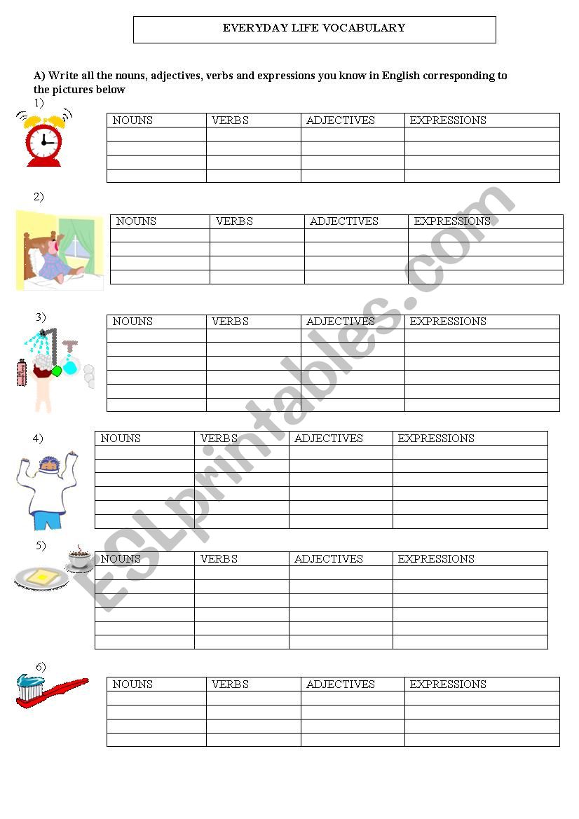 Everyday life vocabulary worksheet