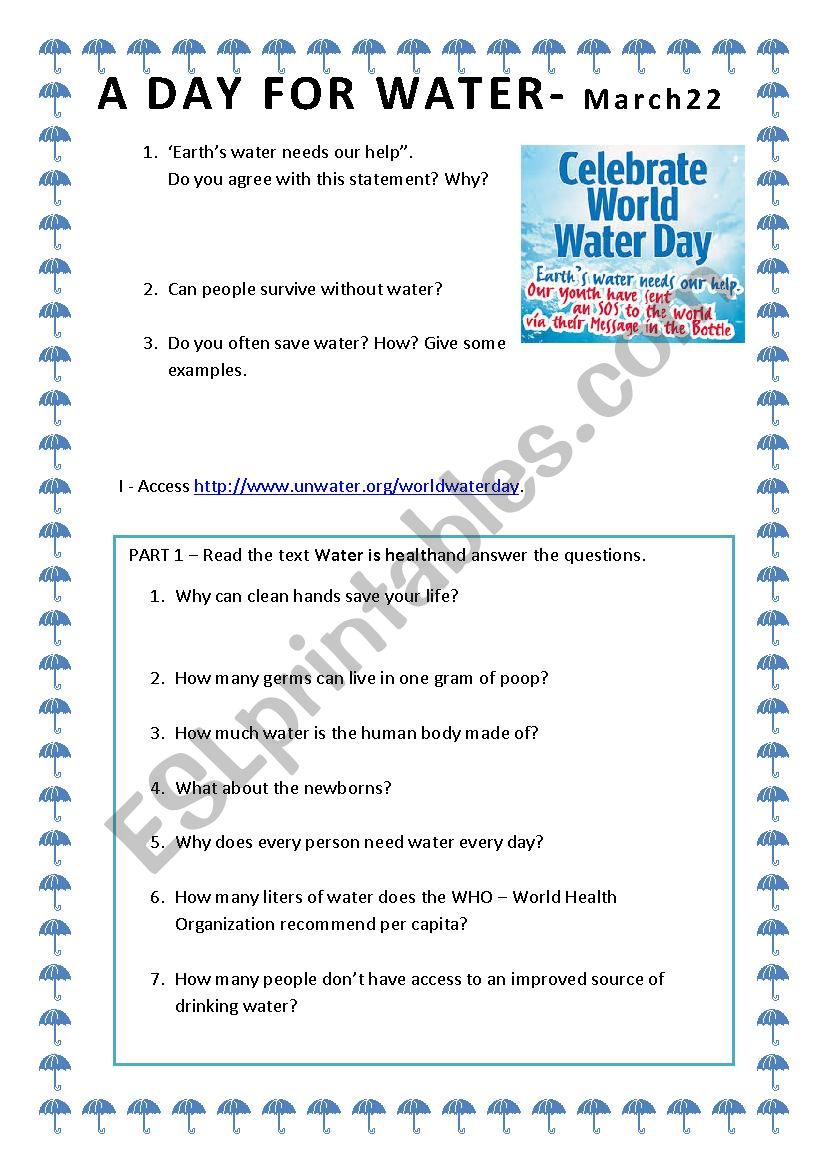 A Day for Water - March 22 worksheet