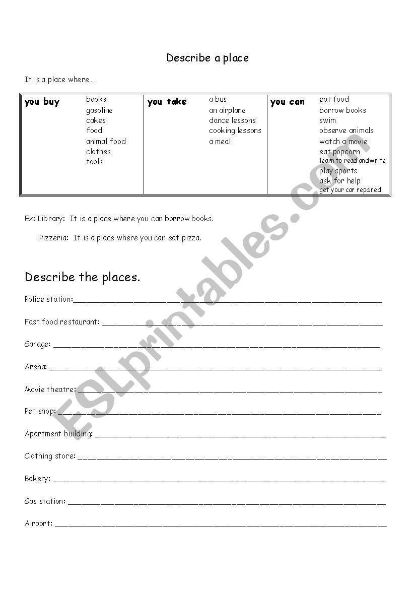 city-describe a place worksheet
