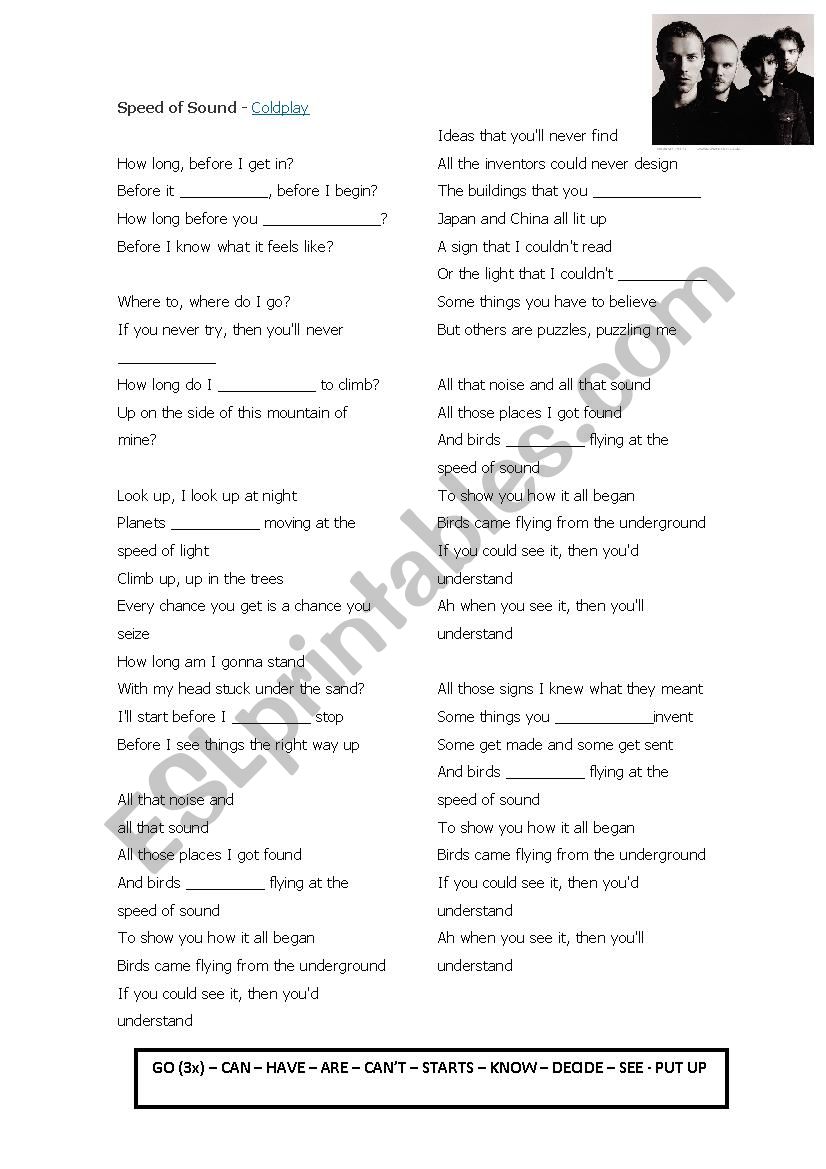 Song Coldplay Speed of sound worksheet