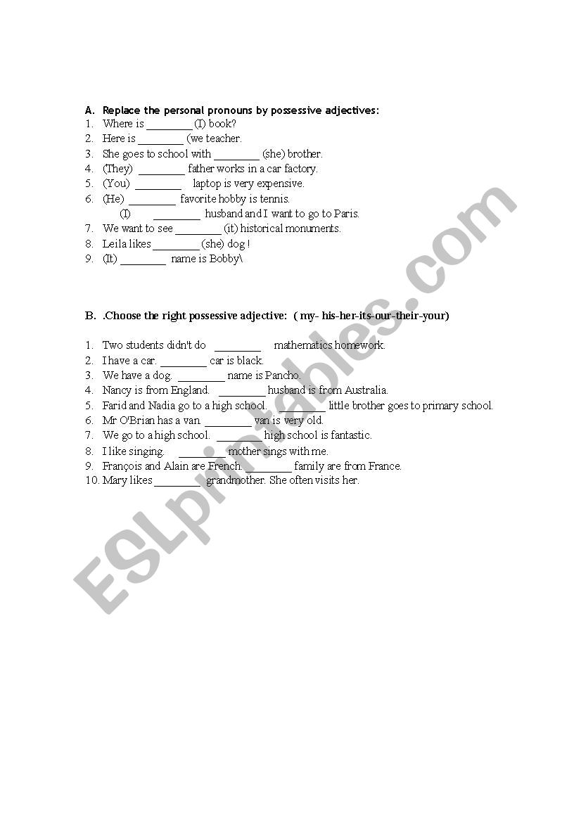 personal pronoun and  possessive adjectives