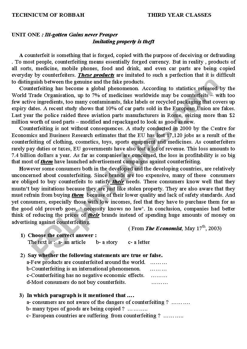 counterfeiting worksheet
