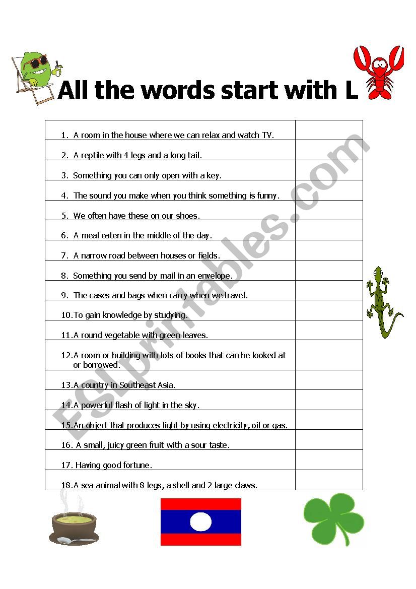 All The Words Start With L Esl Worksheet By Pjrob All The Words Start With L Worksheet