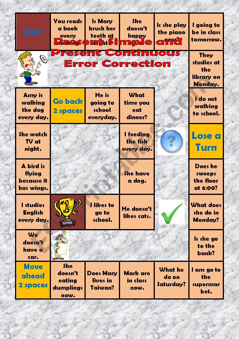 Simple present and present continuous error correction board game