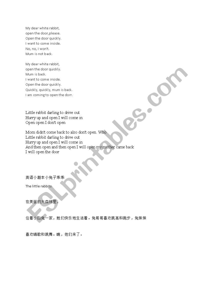 chinese song -little rabbit worksheet