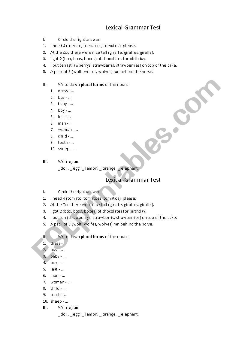 Grammar test (plurals) worksheet