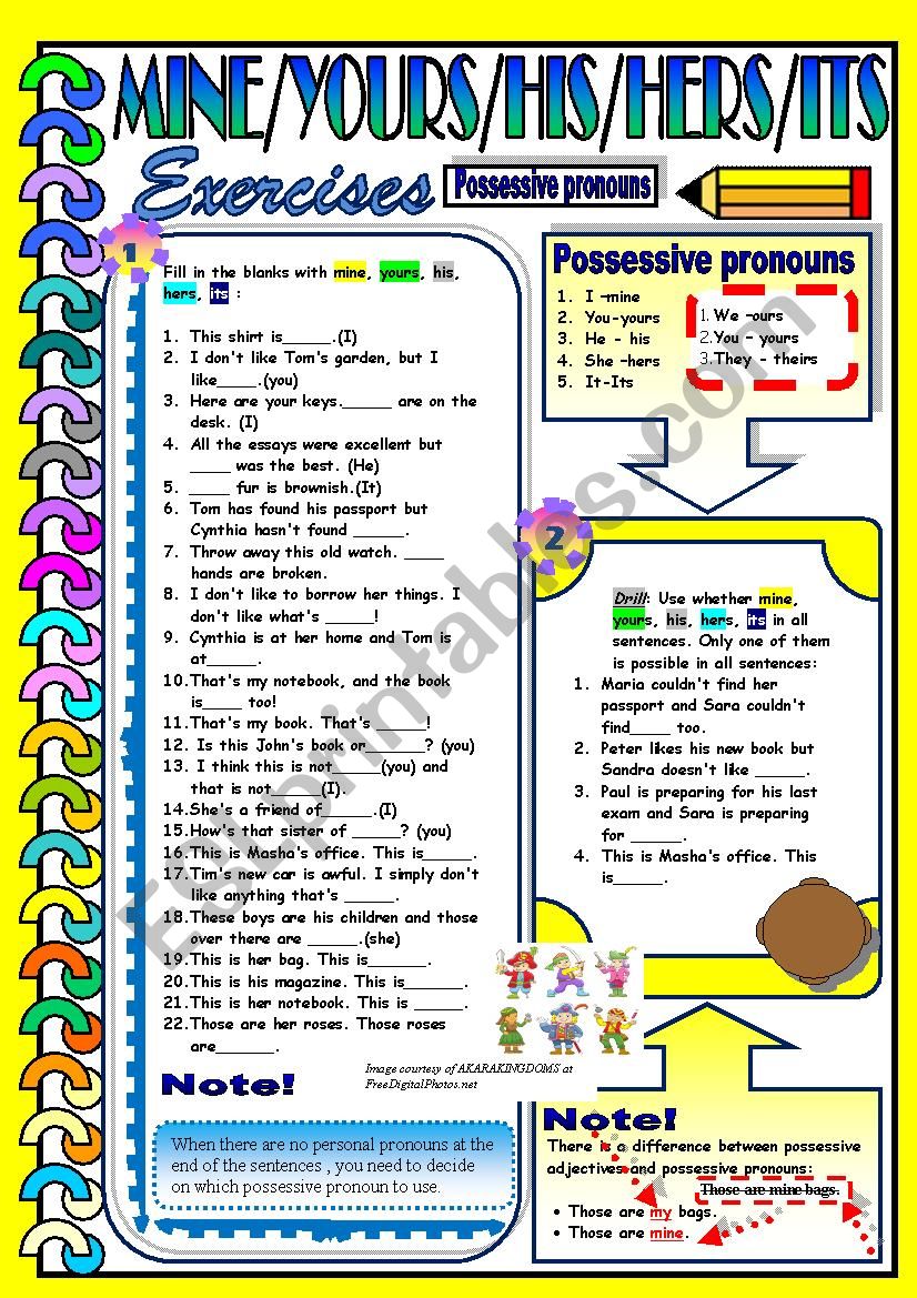 His And Hers Possessive Pronouns Worksheets