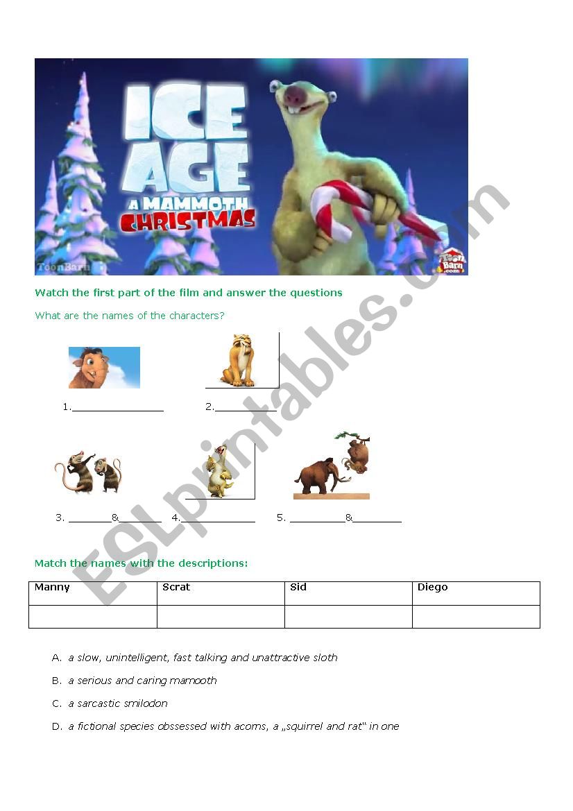 Ice Age Christmas worksheet