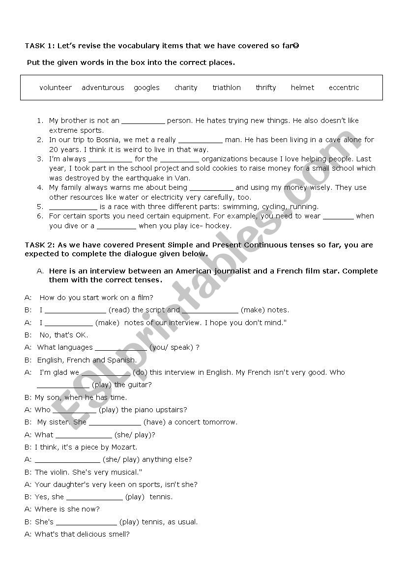 Worksheet to revise vocabulary, present simple and continuous with a reading task