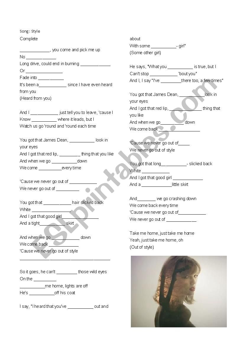 new song : style taylor swift worksheet