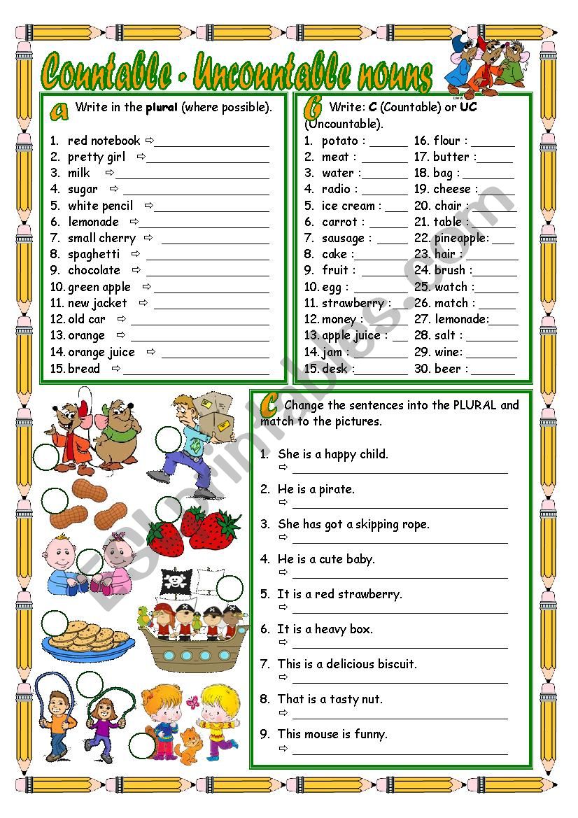 Worksheet On Countable And Uncountable Nouns For Grade 2