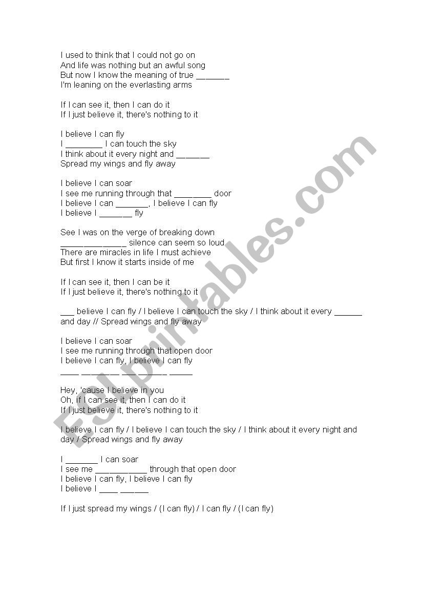 I believe I can fly LYRICS worksheet