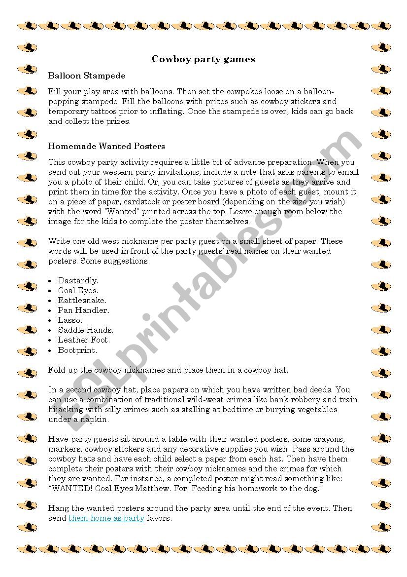 Cowboy party games worksheet