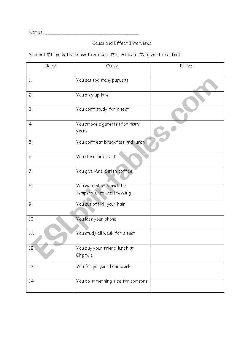Cause and Effect Interview worksheet