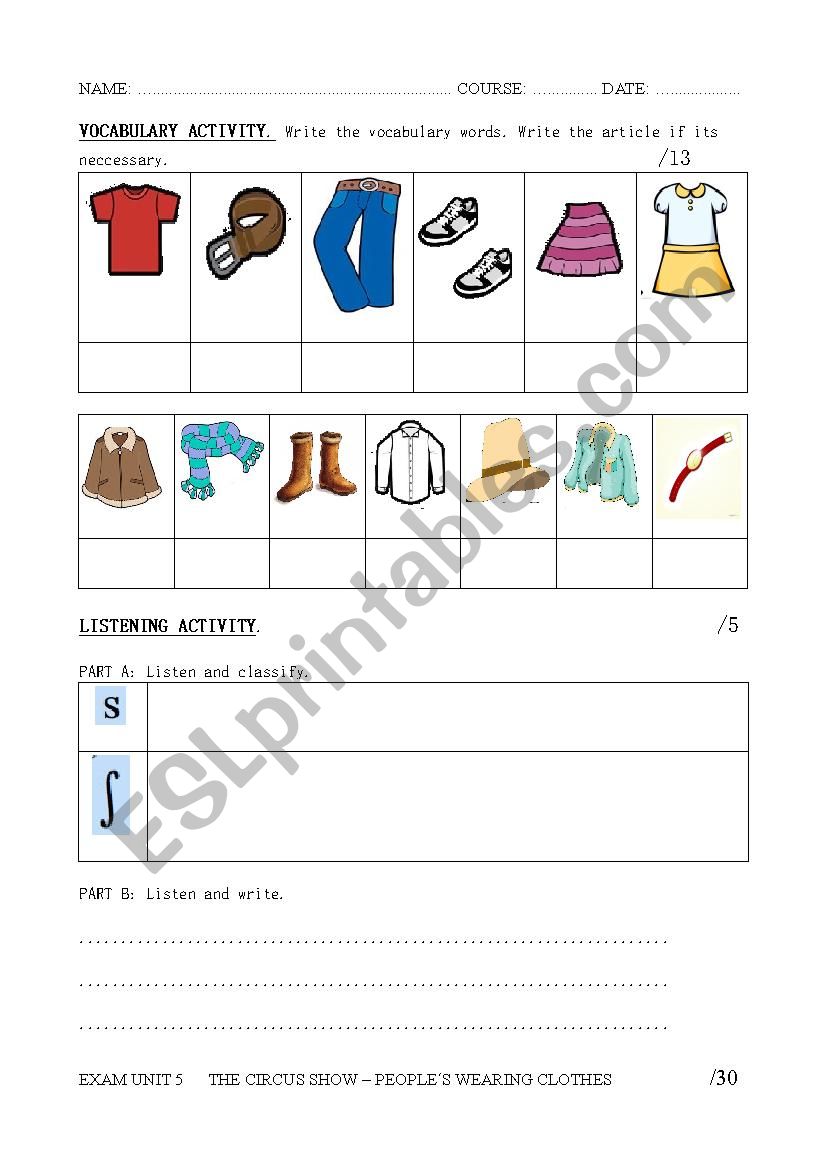 EXAM UNIT OF CLOTHES worksheet