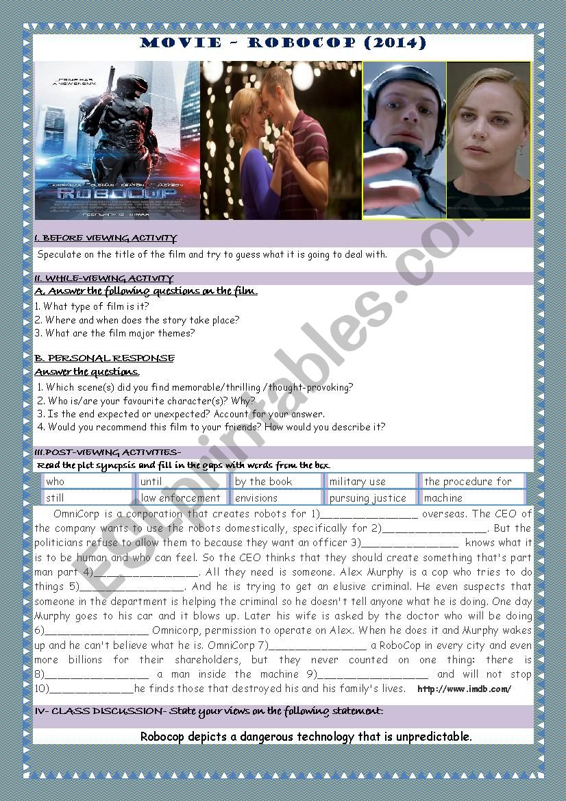 MOVIE- ROBOCOP-2014 worksheet