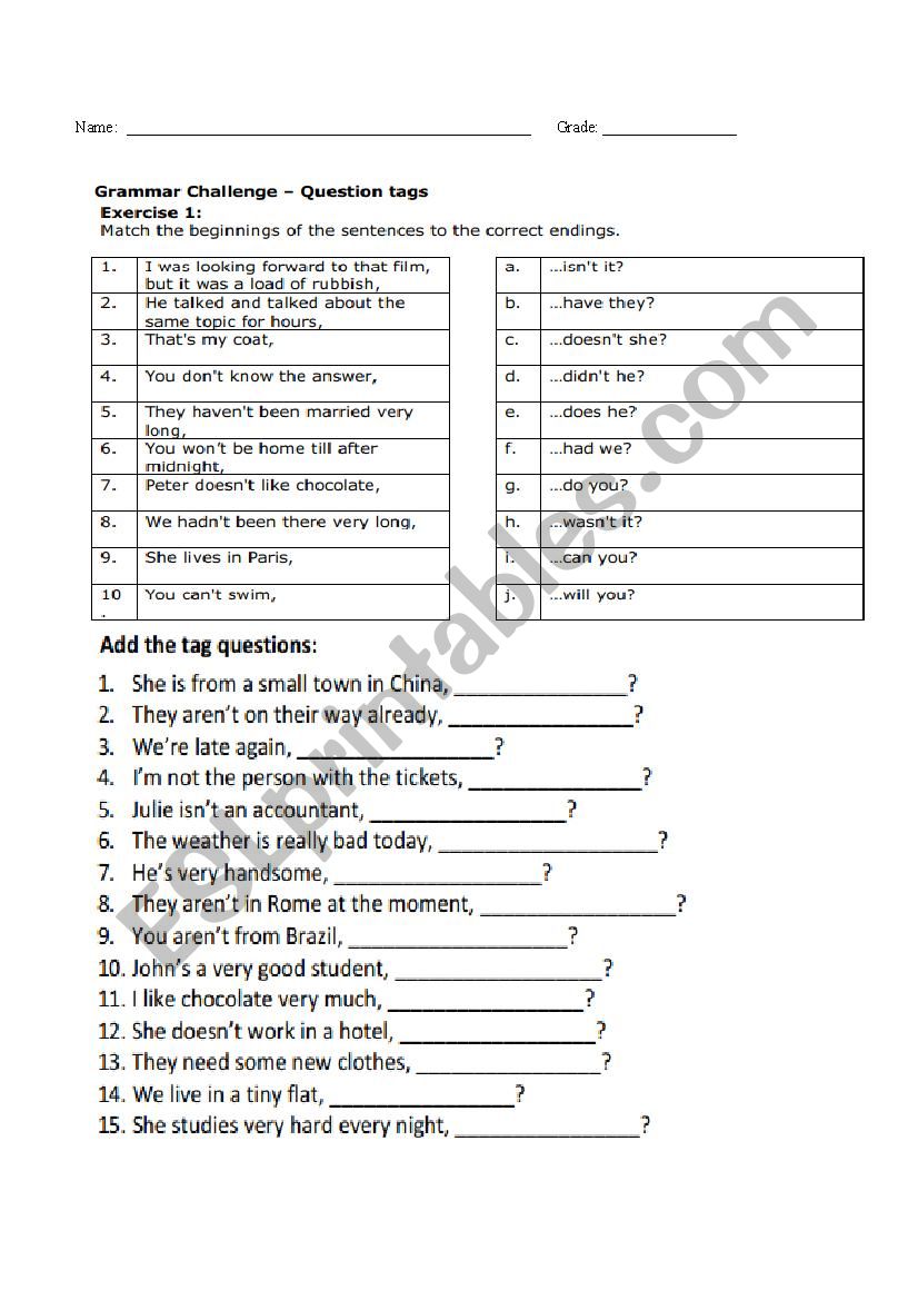 Tag question practice worksheet