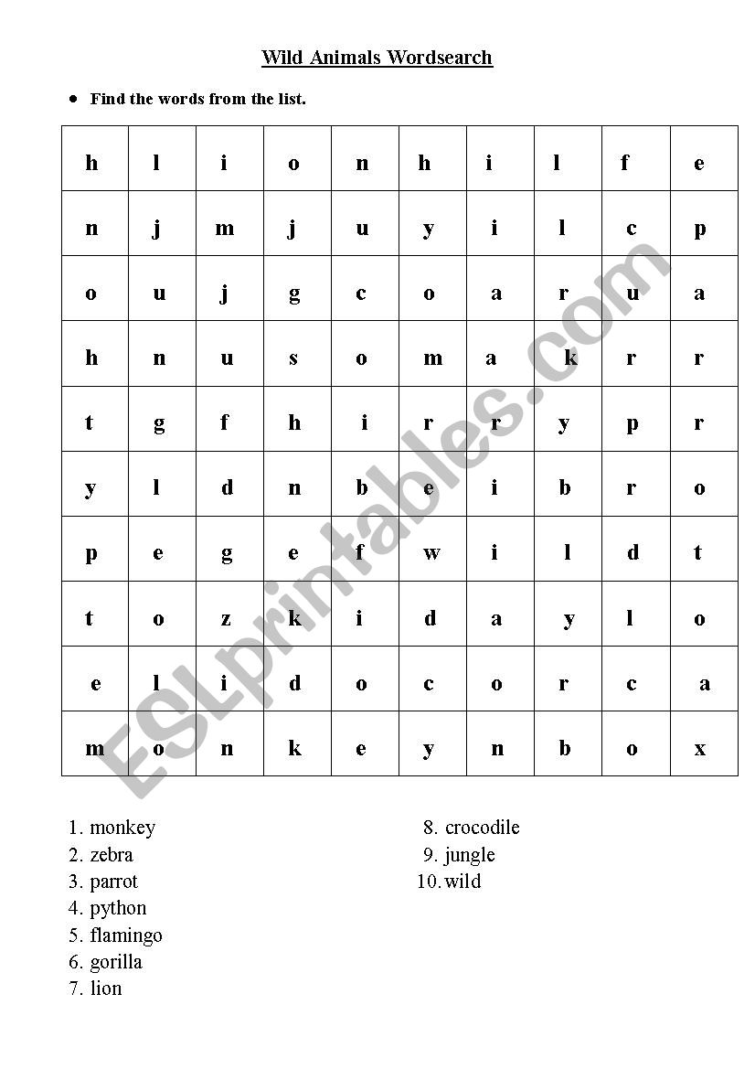 Wild Animals Wordsearch worksheet