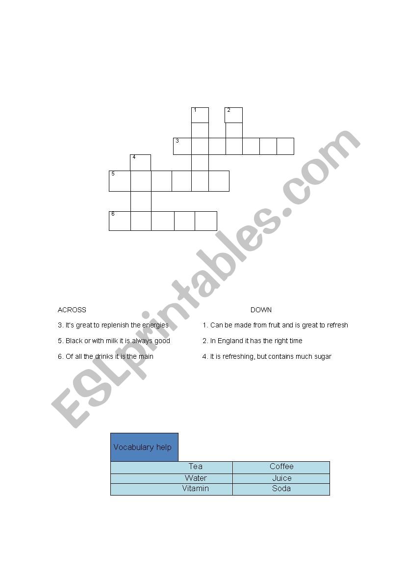 Crossword drinks worksheet