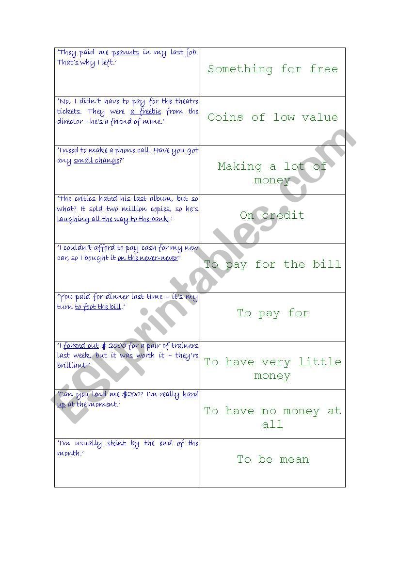 MONEY idioms worksheet