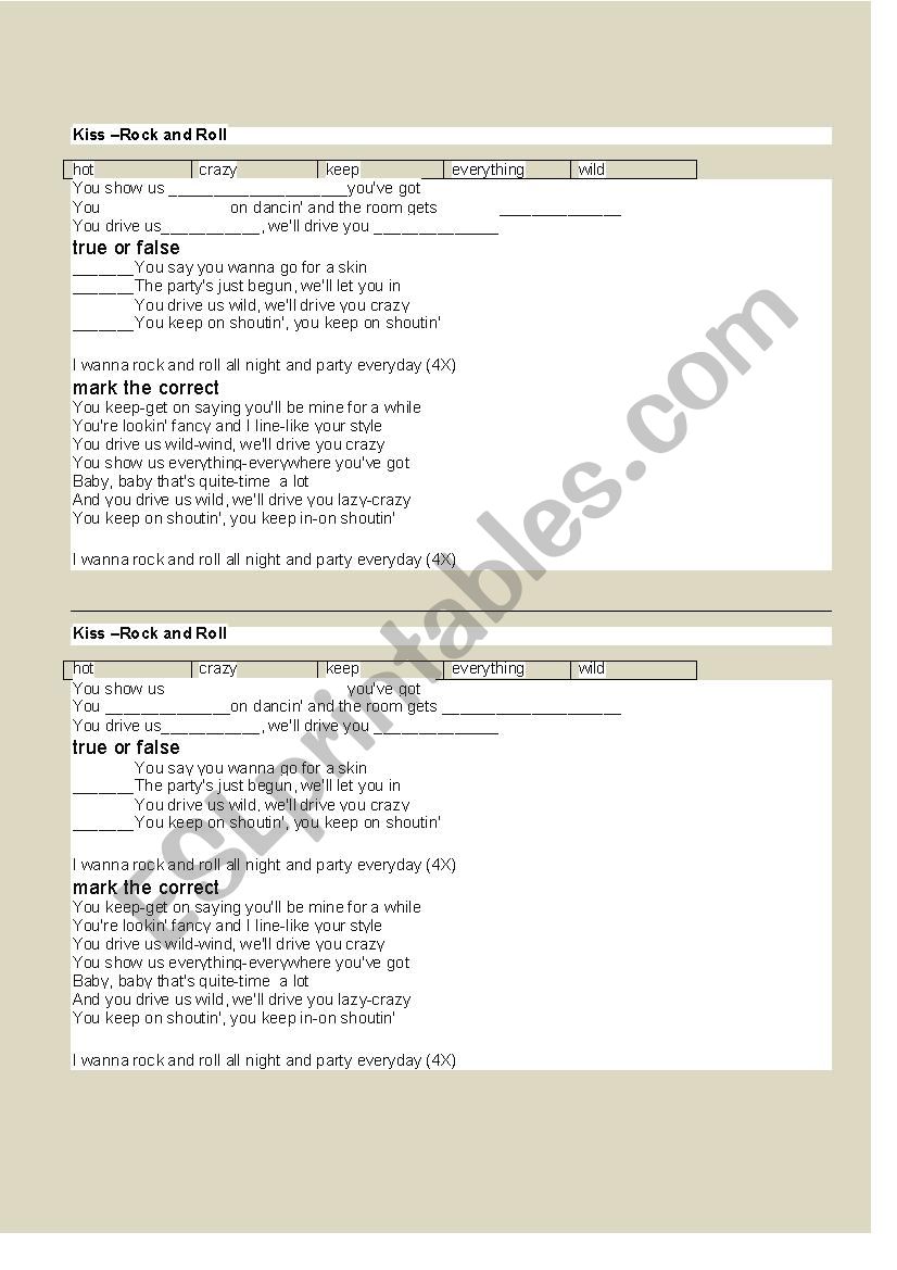 Kiss-rock and roll worksheet