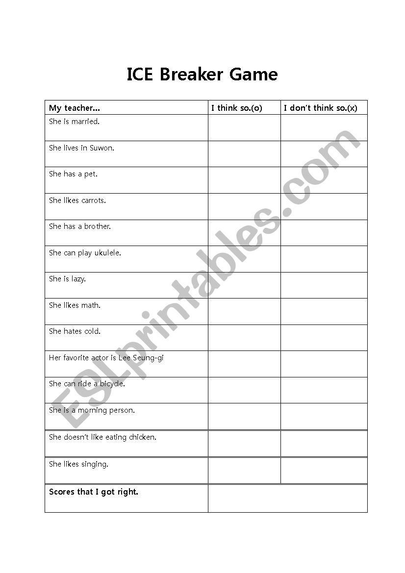 Ice Breaker worksheet