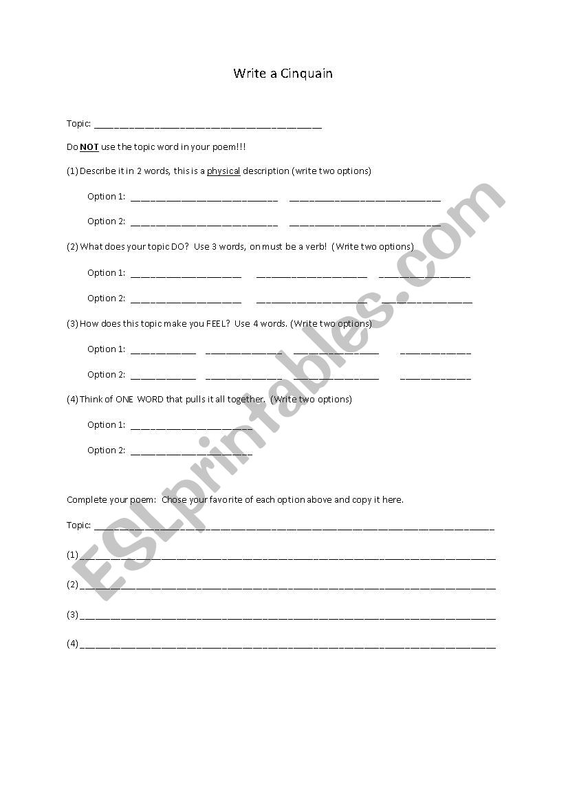 How to Write a Cinquain Poem worksheet