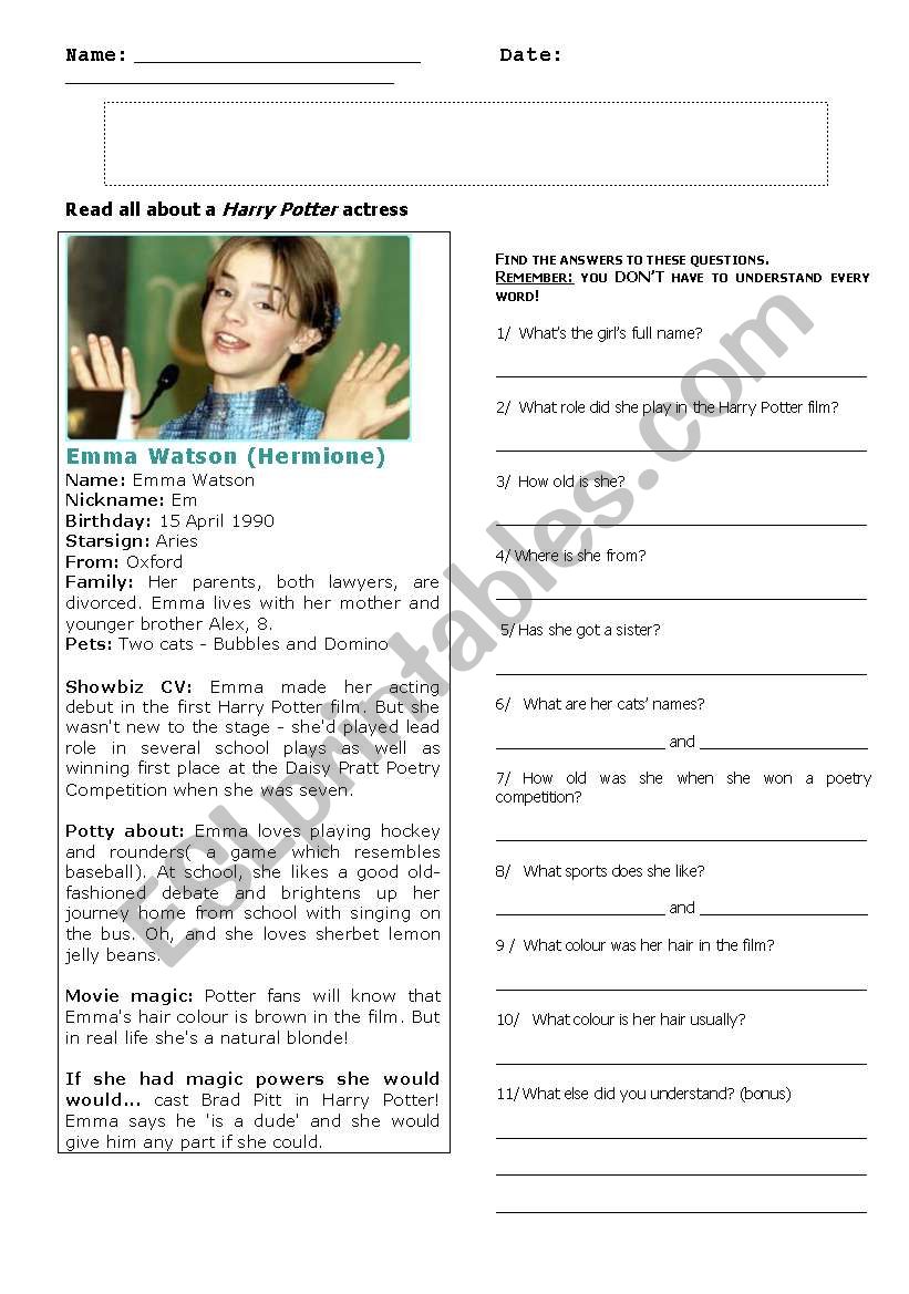 reading comprehension worksheet