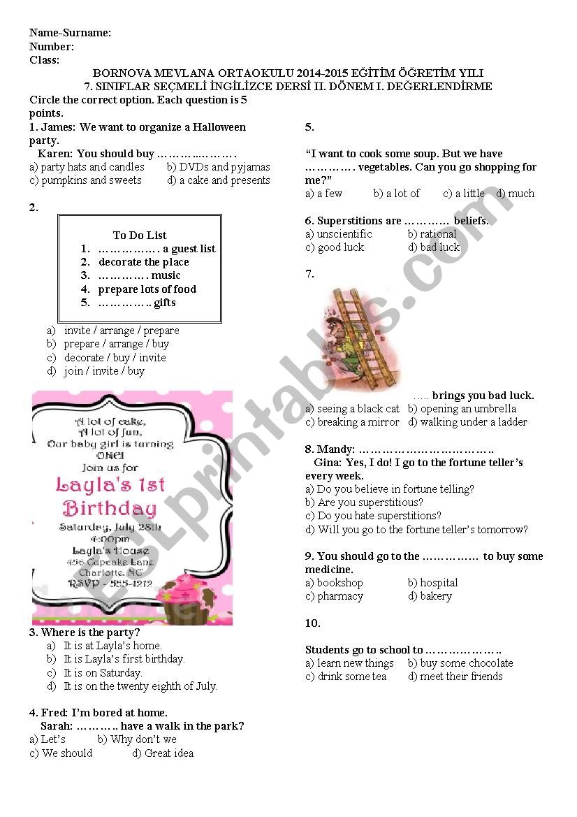 A Test for 7th grades worksheet